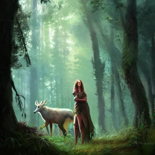 Prompt: a pretty female druid surrounded by forest animals, in the woods, hyper realistic, digital painting, photorealistic, in the style of greg rutkowski, highly detailed, cinematic