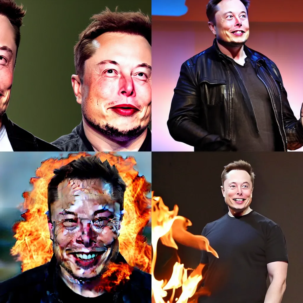 Prompt: Elon Musk smiling while casually setting himself on fire, revealing that he is a robot