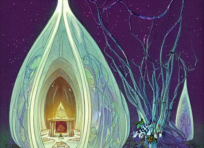 Prompt: a delicate mtg illustration by charles vess of a huge vulva!!! - shaped sacred temple of smooth organic feminine architecture, floating in the astral plane and constructed of house - sized crystals, with the raised bulb of the vestibule revealing a glittering iridescent pearl