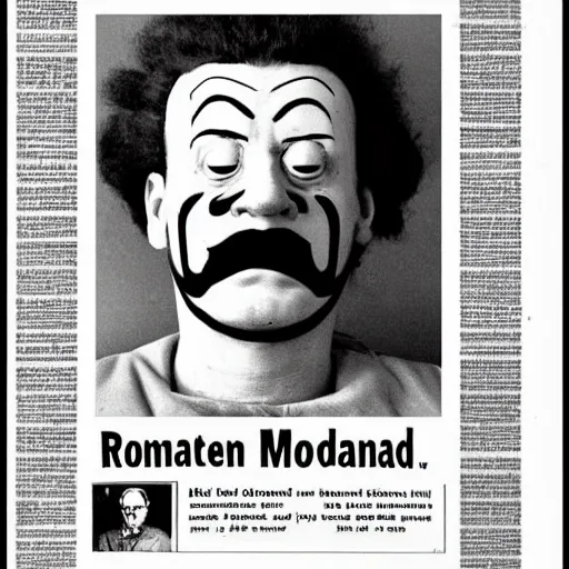 Prompt: ronald mcdonald mugshot in the newspaper, black and white newspaper, headline mugshot image of ronald mcdonald clown, clown mugshot, old fashioned photograph, criminal mugshot