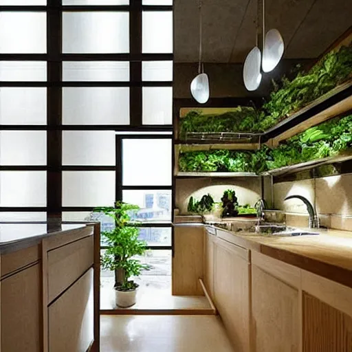 Image similar to “extravagant luxury modern kitchen, interior design, natural materials, potted plants, fresh vegetables, by Tadao Ando and Koichi Takada”