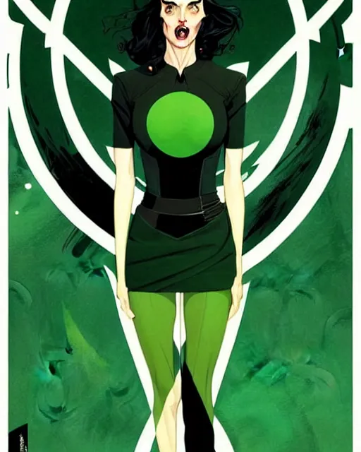 Image similar to style of Joshua Middleton comic book art, Nick Dragotta comic art, beautiful witch Krysten Ritter, symmetrical face, symmetrical eyes, scary smile, black and green eyes, full body, dark green dress