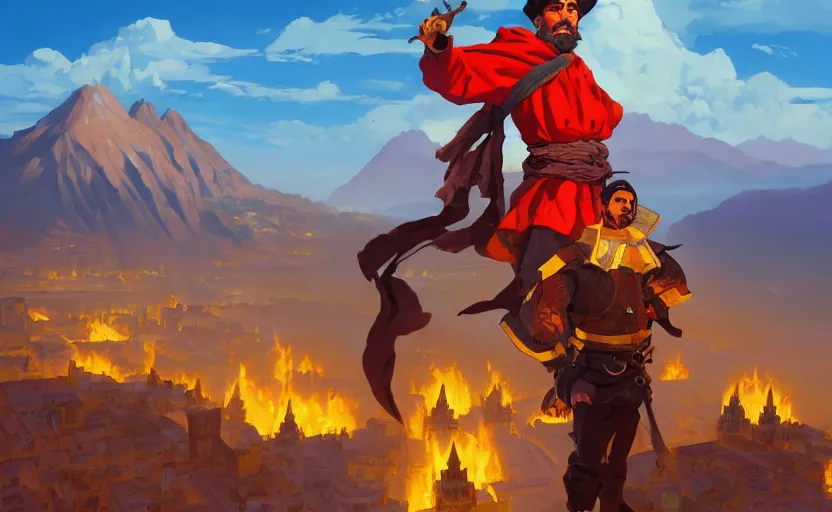 Image similar to spanish Francisco Pizarro with a burning Inca city behind him, Video game character design , 2d game fanart behance hd by Jesper Ejsing, by RHADS, Makoto Shinkai and Lois van baarle, ilya kuvshinov, rossdraws global illumination