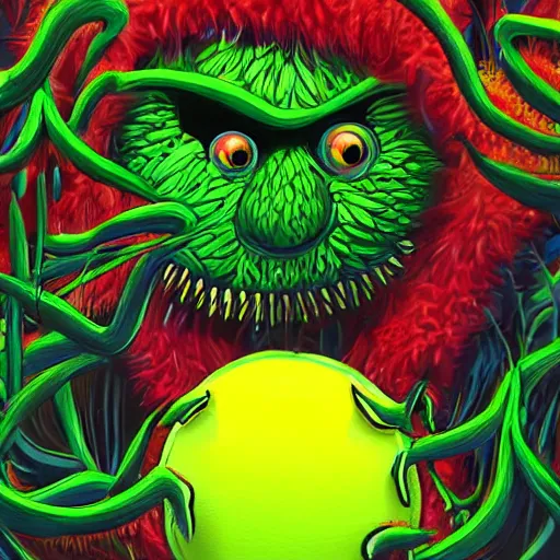 Image similar to a tennis ball monster ,tennis ball, tennis racket, jungle monster, jungle vines, colorful, digital art, fantasy, magic, trending on artstation, ultra detailed, professional illustration by Basil Gogos