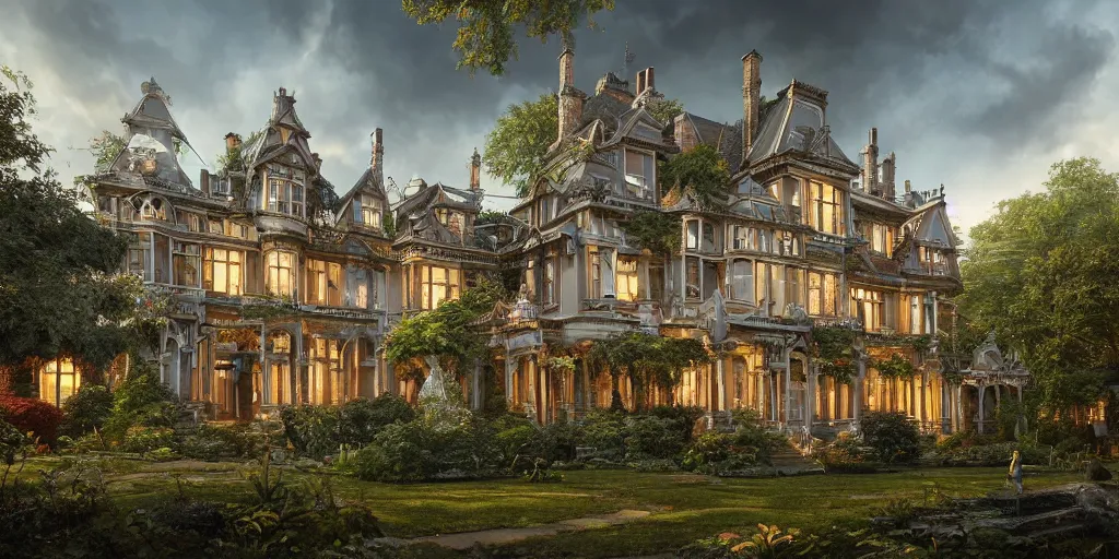 Image similar to a finely detailed photograph of a late Victorian house surrounded by beautiful gardens, view from ground level, elegant, ornate, daytime, beautifully lit scene, ray traced, octane render by Peter Mohrbacher and Peter Gric