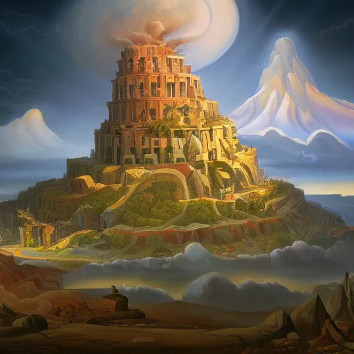 Prompt: Thomas Hart Benton style tower of babel epic bible landscape Asher Brown Durand and Eddie Mendoza featured on ArtStation, fractal storm by Peter Mohrbache