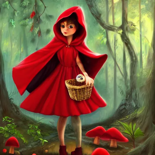 Image similar to little red riding hood is picking mushrooms in the forest digital art,oil painting,trending on artstation.