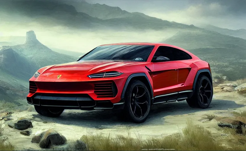 Image similar to urus supercar in montain, digital art,ultra realistic,ultra detailed, ultra wide Lens, art by greg rutkowski