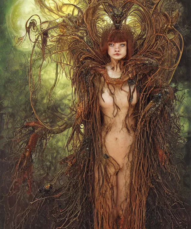 Prompt: portrait photograph of a fierce sadie sink as an alien harpy queen with slimy amphibian skin. she is trying on evil bulbous slimy organic membrane fetish fashion and transforming into a fiery succubus amphibian villian owl. by donato giancola, walton ford, ernst haeckel, brian froud, hr giger. 8 k, cgsociety