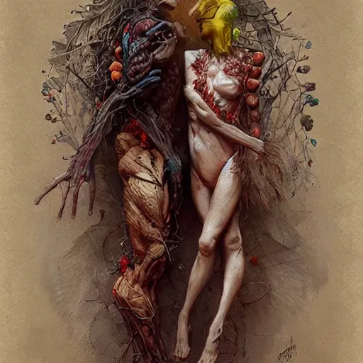 Prompt: two bodies entwined by arcimboldo, greg rutkowski, trending on artstation