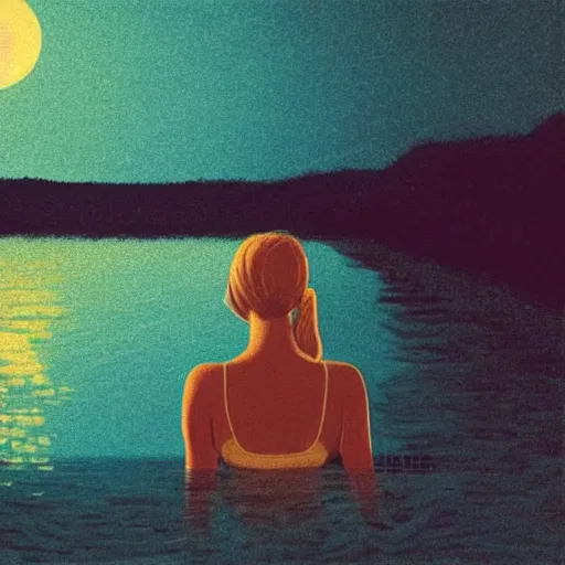 Prompt: An illustration of a blonde girl in water at night the moon reflecting off the water, in the style of Quint Buchholz