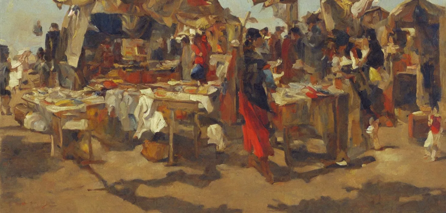 Image similar to oil painting of a young child running a market stall, small elongated planes, representation with abstraction, frenetic oil painting, values as flat shapes