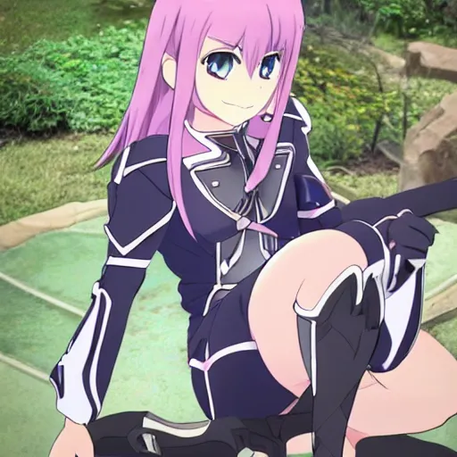 Image similar to quinella from sword art online sitting on a chair