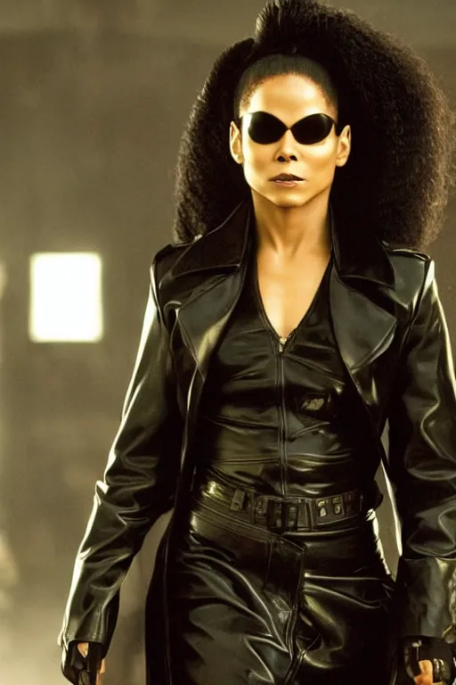 Prompt: a portrait of the new matrix movie featuring ( janet jackson ), wearing sun glasses and black leather trench coat, matrix symbols in the background, extremely detailed, extremely symmetrical facial features, no text, by kevin fiege 8 k