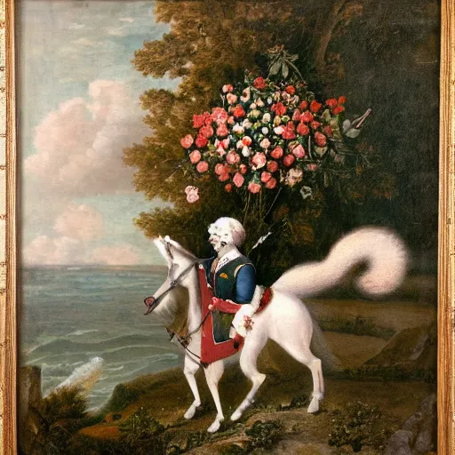 Image similar to a giant squirrel carrying napoleon bonaparte on its back, beach scene with flowers and foliage, detailed oil painting