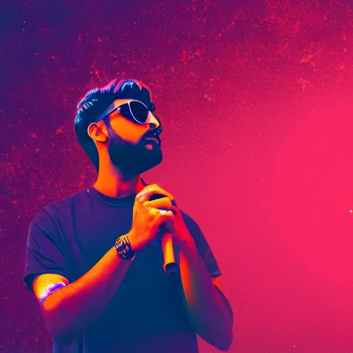 Prompt: beautiful Pakistani man raps into microphone, hip hop vaporwave, abstract background, neon, photo, detailed, 4k