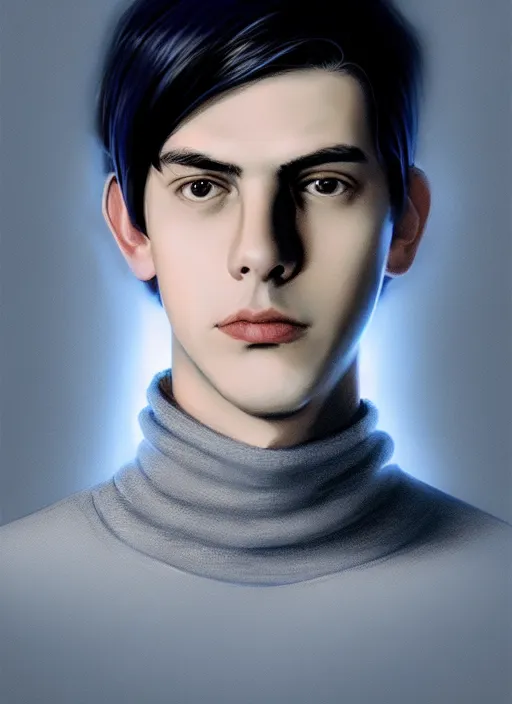 Image similar to portrait of teenage jughead jones wearing a light grey crown, crown, blue turtleneck, closed eyes, photorealistic, black hair, glowing lighting, intricate, elegant, glowing lights, highly detailed, digital painting, artstation, concept art, smooth, sharp focus, illustration, art by wlop, mars ravelo and greg rutkowski