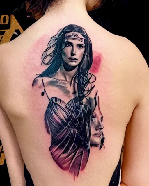 Image similar to creative double exposure effect tattoo design sketch of beautiful gal gadot faded with beautiful mountain scenery, realism tattoo, in the style of matteo pasqualin, amazing detail, sharp