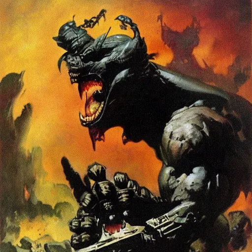 Prompt: angry black ork, illustration by frank frazetta