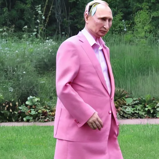 Prompt: Vladimir Putin in a pink dress, feminine looking