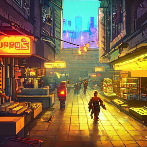 Image similar to fantastic lighting, pixel art, high detail , 16 bits, cyberpunk market, 2d