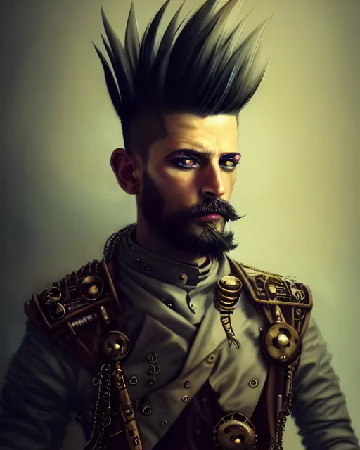 Prompt: steampunk male portrait, handsome, detailed mohawk hair, monocle eye, intricate warrior armor, fullbody, by ilya kuvshinov, godessmechanic, peter mohrbacher, greg rutkowski, dramatic lighting, elden rinh, intricate, highly detailed, deviant art, sharp focus, luminous, blender, deviant art, masterpiece, ray tracing