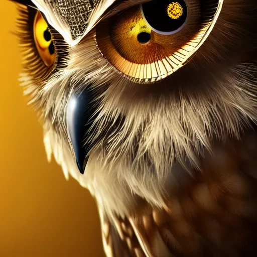 Prompt: detailed portrait of a magical owl, wearing a diamond crown, glowing feathers, halfway through, digital art, realistic, character design, artstation, octane render