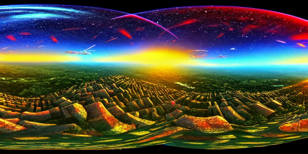 Image similar to equirectangular panorama landscape multiverse, trending on artstation, cinematic composition, beautiful lighting, hyper detailed, 8 k, oil on canvas