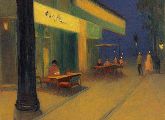 Image similar to the melancholy of sitting alone at a cafe at night in the style of Australian tonalism