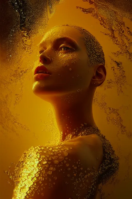 Prompt: 3 d, close - up, fashion model, winter, liquid gold, morning, sun rays, vogue cover style, poster art, hyper detail, intricate oil painting, multiple exposure, hell mood, 3 d, by tooth wu and wlop and beeple and greg rutkowski