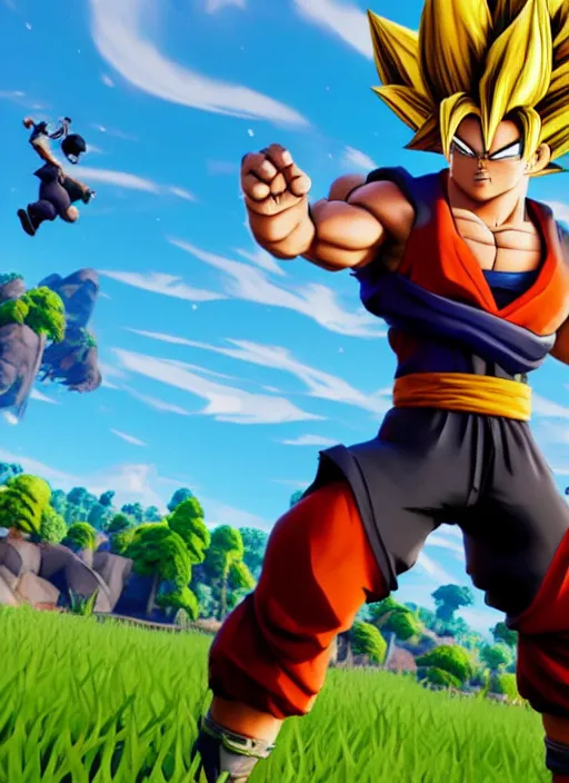 Image similar to game still of a sayan goku as a fortnite skin in fortnite by fortnite, pose.