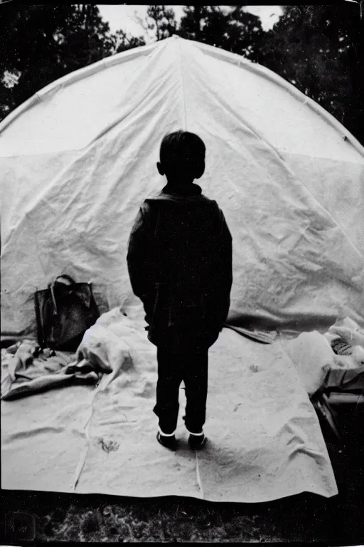 Image similar to photo polaroid of a sad and lonely child in a white coat and barefoot stands in the middle from behind the camera many big tents of field hospitals, pandemic, covid, loneliness, black and white ,photorealistic, 35mm film,