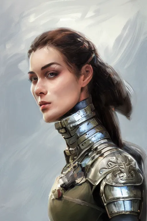 Image similar to a professionally painted portrait of an attractive young woman, clothed in military armor, olive skin, long dark hair, beautiful bone structure, symmetrical facial features, intricate, elegant, digital painting, trending on Artstation, concept art, smooth, sharp focus, illustration, from Metal Gear by Ruan Jia and Mandy Jurgens and Artgerm and William-Adolphe Bouguerea, award winning