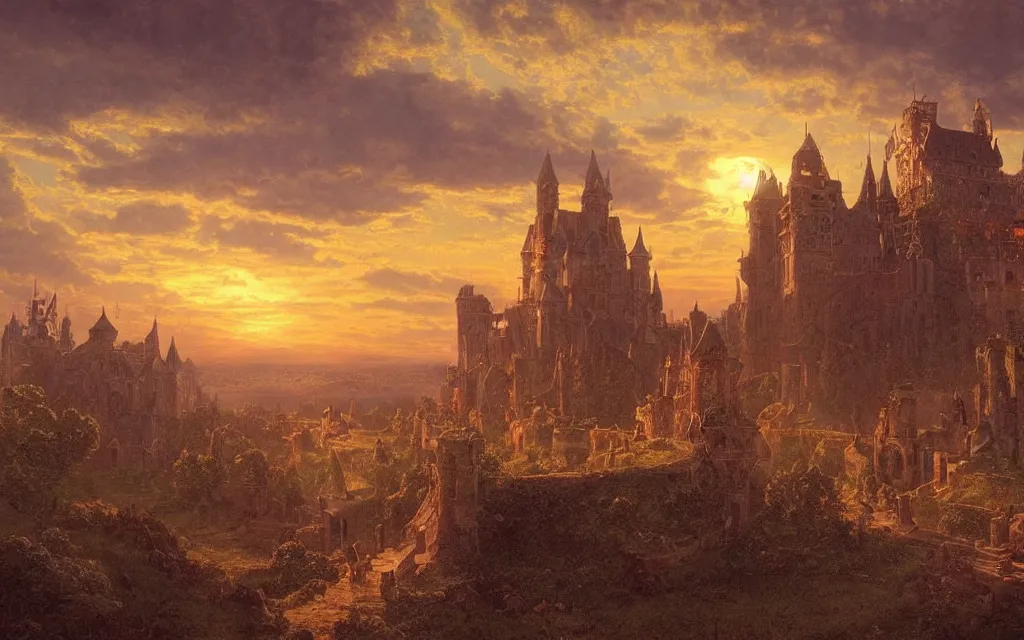 Image similar to large sprawling medieval city, steampunk, sunset in the distance, castle on a hill, cinematic lighting, intricate ink illustration, by albert bierstadt