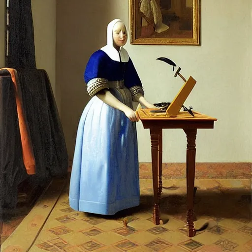 Image similar to painting of a royal female robot using a computer by Vermeer, Dutch Golden Age