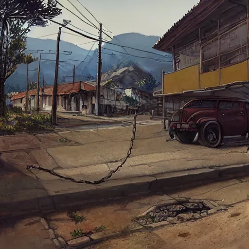 Prompt: highly detailed - on its side in gta v, in a empty town in colombia, stephen bliss, unreal engine, fantasy art by greg rutkowski, loish, rhads, ferdinand knab, makoto shinkai and lois van baarle, ilya kuvshinov, rossdraws, tom bagshaw, global illumination, detailed and intricate environment w 7 6 8