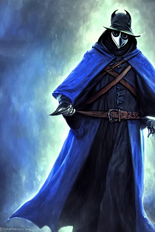 Prompt: a plague doctor with a blue wizard robe as a d & d character, blue robe, magical, black fur armor, harry poter, concept sheet, painting by gaston bussiere, demon slayer, gta loading screen art, dramatic lighting, anime