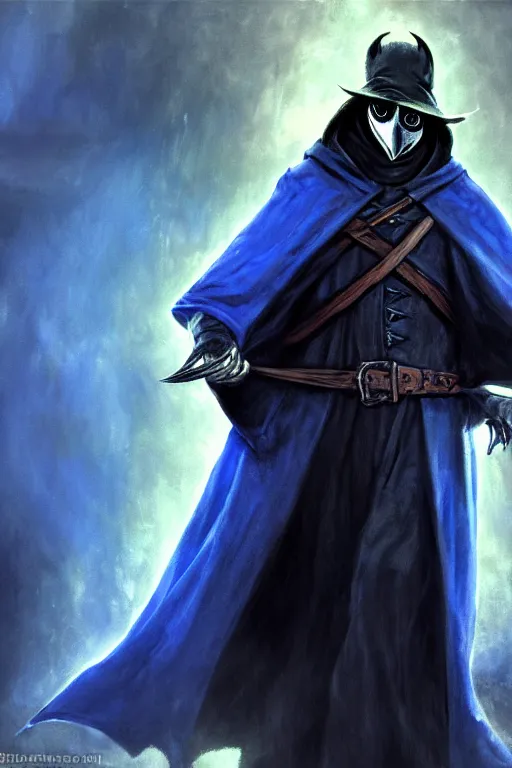 Image similar to a plague doctor with a blue wizard robe as a d & d character, blue robe, magical, black fur armor, harry poter, concept sheet, painting by gaston bussiere, demon slayer, gta loading screen art, dramatic lighting, anime