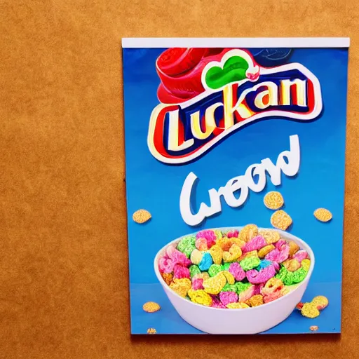 Prompt: cereal box poster ; product photo of a cereal box ; professional advertisement photography of a box of lucky charms cereal ; close - up of the box carton ; advertisement poster ; american product category