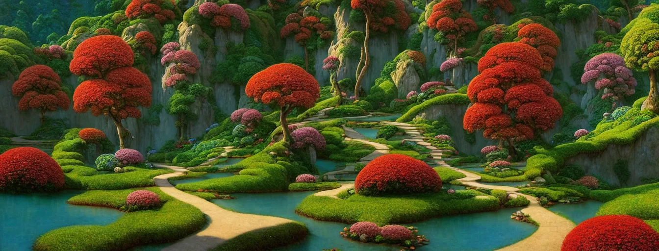 Prompt: a gorgeous very early spring series of lush islands separated by flower - lined streams, twisted gardens, flower paths with stone steps, painting by barlowe wayne maxfield parrish and marco mazzoni. tree no leaf!!!! china mountain village!! very little light verdancy. ultra clear detailed. 3 d, octane render. turbulent blood lake.