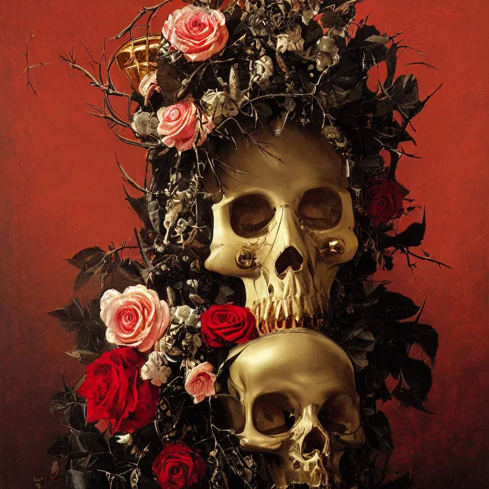 Prompt: portrait of a woman with a golden skull mask on face, a wreath of thorns, a dress of bones and roses, horns, snakes, smoke, flames, full-length, oil painting in a renaissance style , very detailed, red background, painted by Caravaggio, Greg rutkowski, Sachin Teng, Thomas Kindkade, Alphonse Mucha, Norman Rockwell, Tom Bagshaw.