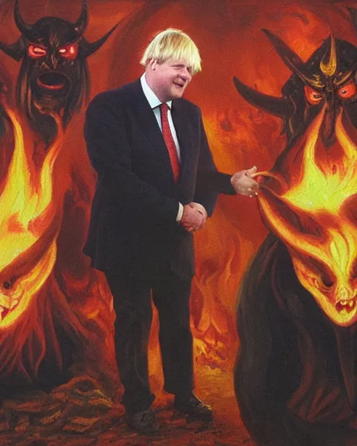 Image similar to an oil painting of uk politician former prime minister boris johnson having a meeting with the devil satan in the fiery pits of hell, demonic imagery, pagan, satanic symbolism, smiling and shaking hands, 4 k detail