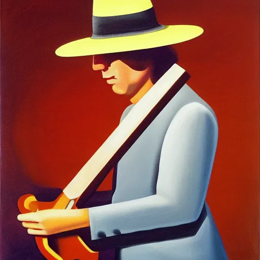 Prompt: painting of stevie ray vaughn by rene magritte, hd, 4 k, detailed, award winning
