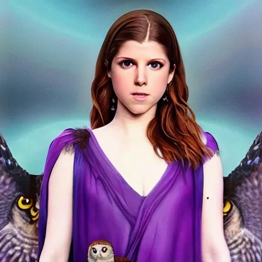 Image similar to Anna Kendrick as the Goddess Minerva with her dark purple toga slipping off her shoulders which her owl is sitting upon 8k resolution hyperdetailed photorealism amazing level of detail and ultra high quality and beautiful