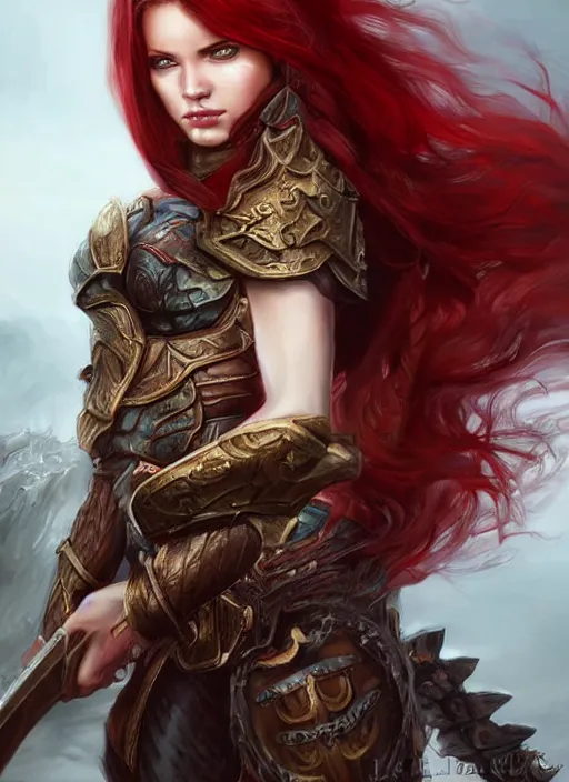 Prompt: a beautiful female warrior, 8 k, hyperrealistic, red hair, dragon slayer, hyperdetailed, fantasy portrait by laura sava