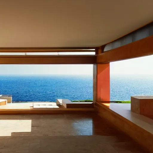 Prompt: House designed by Frank Lloyd Wright on a Greek island