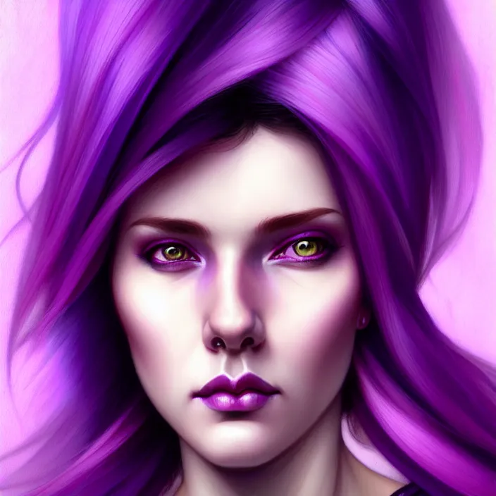 Image similar to Purple hair relistic Portrait of a woman with bright colored flying hair, all shades of purple. Beauty face, Hair coloring, fantasy, intricate, elegant, highly detailed, digital painting, artstation, concept art, smooth, sharp focus, illustration, art by artgerm and greg rutkowski and alphonse mucha