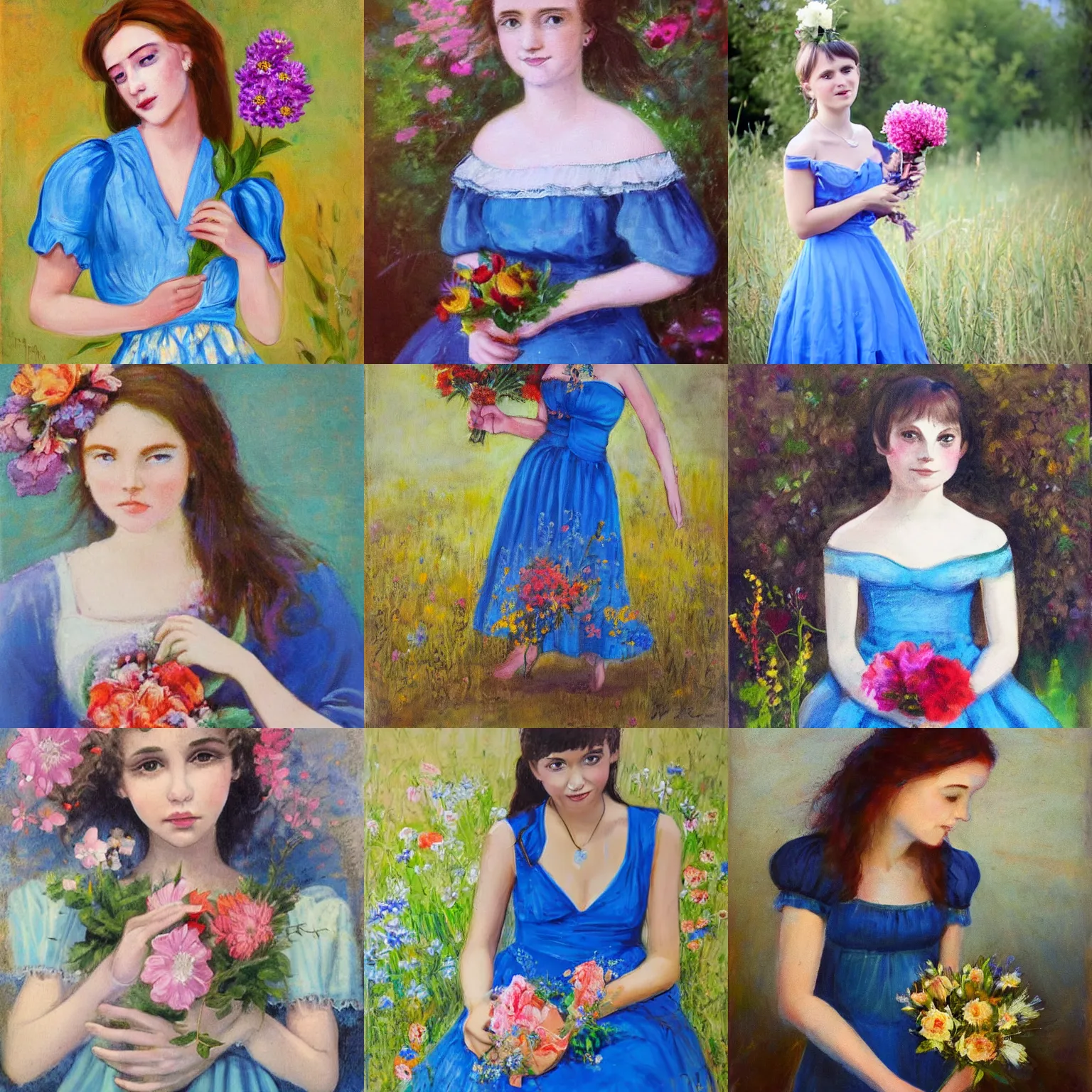 Prompt: A beautiful girl with flowers in her hand and a blue dress, Ketner Jeremiah