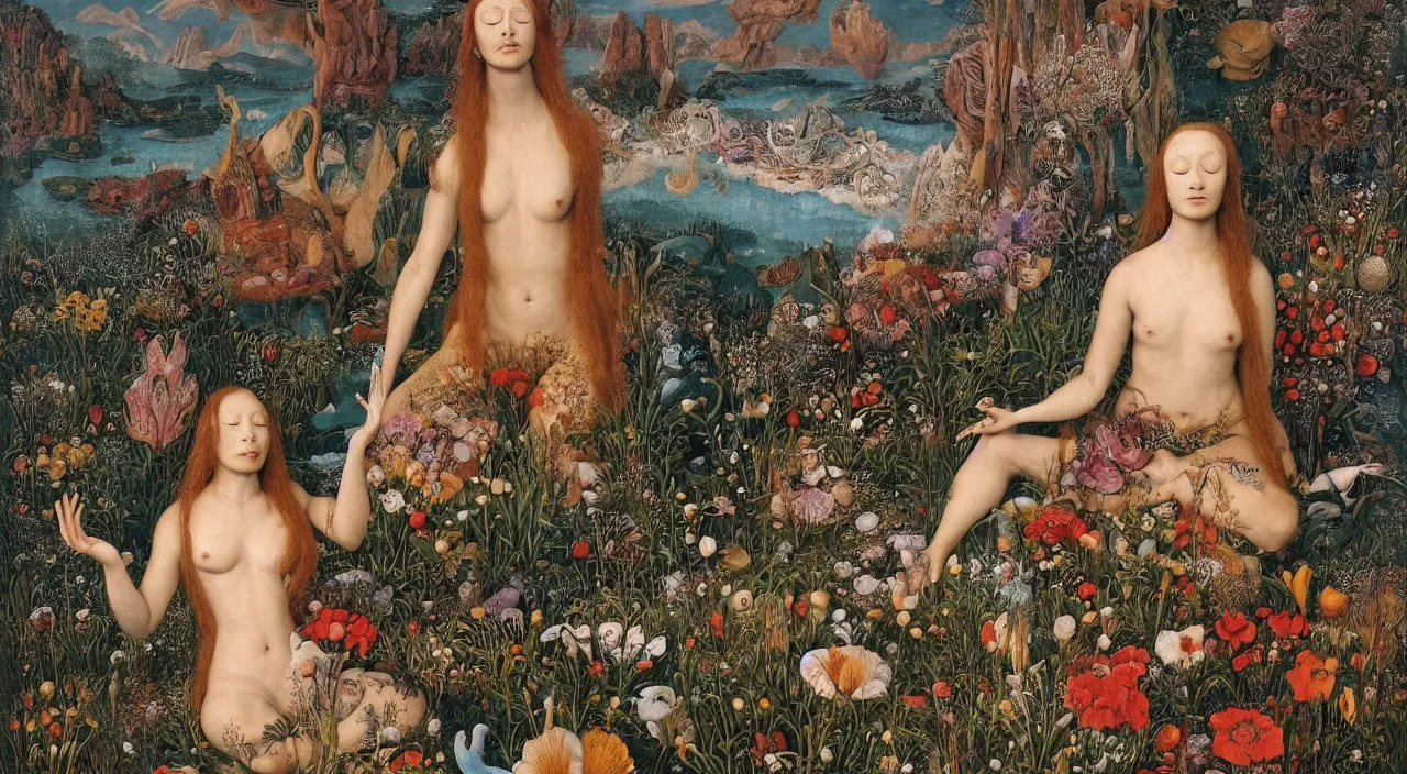 Prompt: a meditating druid mermaid surrounded by flowers. her skin is covered in scales and feathers. landscape with mountains, river and burning stars. painted by jan van eyck, max ernst and ernst haeckel, trending on artstation, 8 k, award winning, hard lighting, fashion editorial, mythology, photorealistic, ernst fuchs, bodhisattva, burning fires
