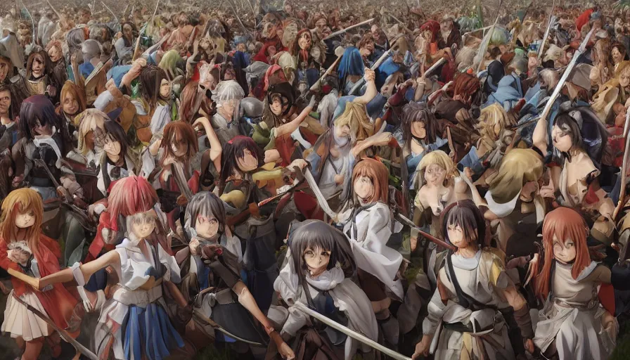 Image similar to jesus christ our lord standing in the front leading an army of cute anime girls into battle, photorealistic, anime, realistic faces, mini skirt, long hair, lightly dressed, renaissance painting, hyper real, detailed, closeup shot, ultra detailed